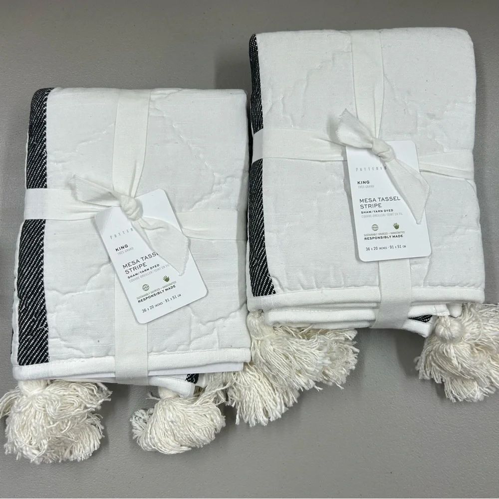 2 Pottery Barn Mesa Striped Tassel Cotton Quilted KING Pillow Sham Covers NWT